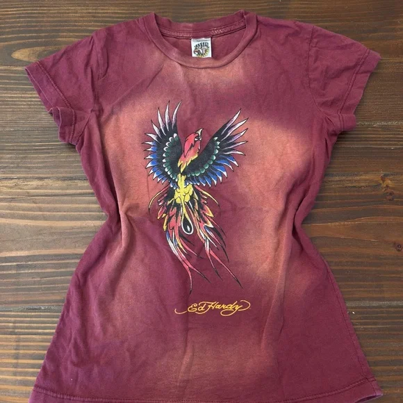 Ed Hardy Maroon Graphic T-Shirt - Picture 1 of 4